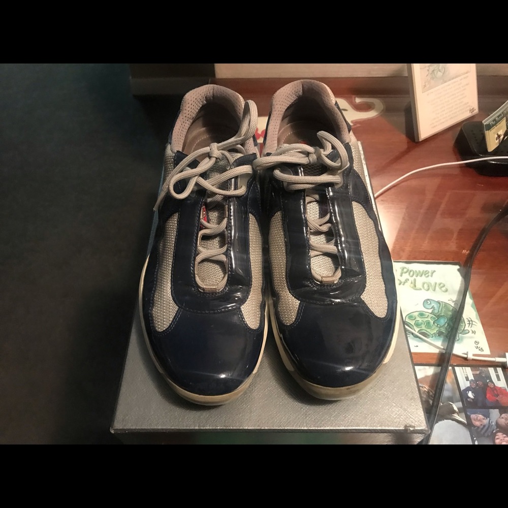Blue and Gray low top Prada sneakers